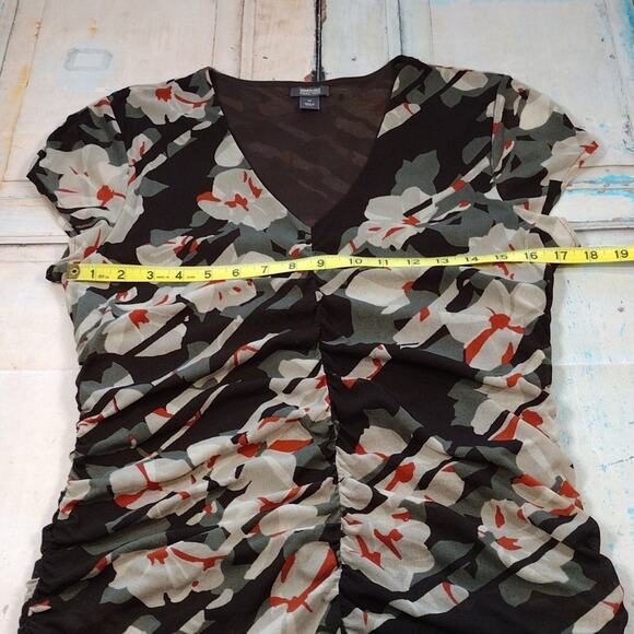 Kenneth Cole Reaction Brown Green Orange Floral Cinched Short Sleeve Sheer Shirt - Picture 11 of 12